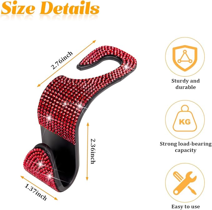 HZEL Bling Car Seat Headrest Hooks, 4PCS Crystal Rhinestone Vehicle Seat Back Hanger Holder for Purses Bag Handbags, Diamond Headrest Storage Organizer, Universal Auto Accessories (Red)