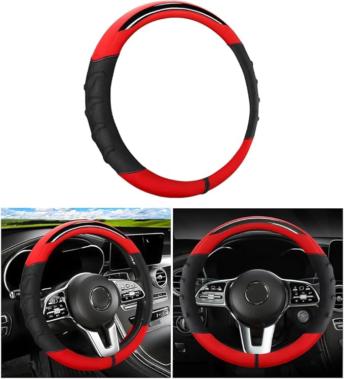 Car Steering Wheel Cover, Non-Slip Vehicle Steering Wheel Protector, Automotive Interior Accessories for Women Men, 15 Inch Universal for SUV, Truck, RV, Van and More（Black/Red）