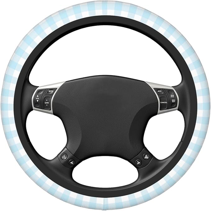Thickened Elastic Steering Wheel Cover, Baby Boy Pastel Blue Gingham Plaid Ultra, Soft, Breathable, Fit for Cars, SUVs, Trucks, Stylish Comfortable Grip