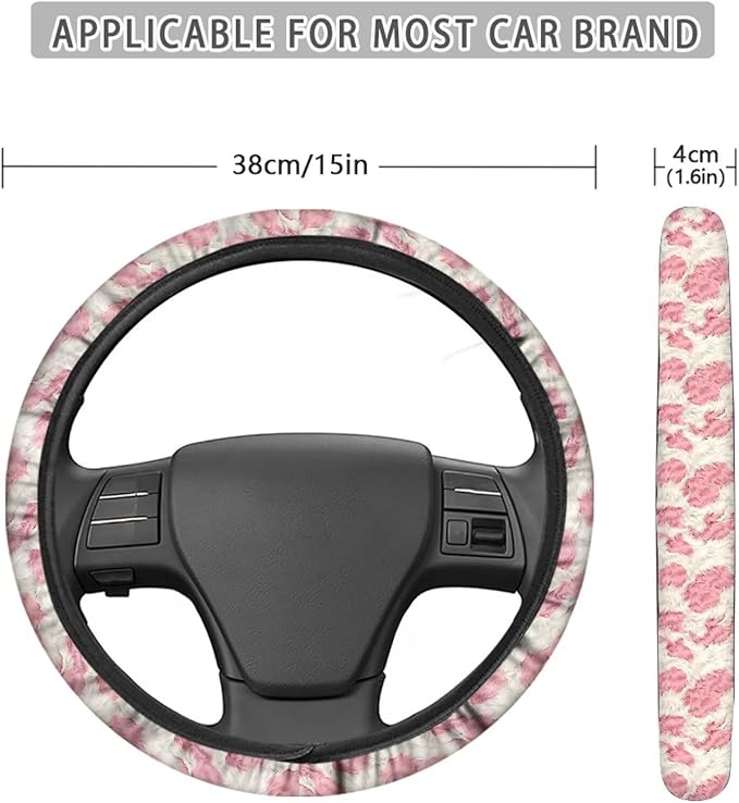 Universal Non-Slip Steering Wheel Cover, 15-inch Polyester Material Driving Accessories, Adjustable for Car and Truck(Blush Pink Furry Leopard)