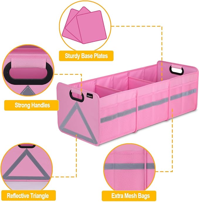 INFUOAP Trunk Organizer for SUV, 65L Large Universal trunk organizers for car with Multi Pockets, Foldable Heavy Duty Collapsible Trunk Storage Organizer with Reflective Stripe
