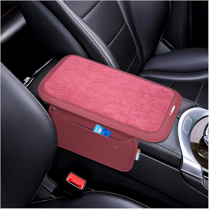 Car Center Console Cover, Leather Furry Fluffy Armrest Seat Box Cushion Pad with 2 Storage Bags, Comfortable Auto Interior Middle Console Protector, Compatible with Most Vehicle (Wine Red)
