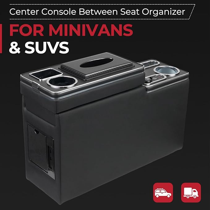 Center Console Between Seat Organizer for Minivans & SUVs - Tissue Box, Type-C & USB Fast Charge, 7-Color Ambient Light, Cup Holders, Middle Van Floor Console Storage Box (Black)