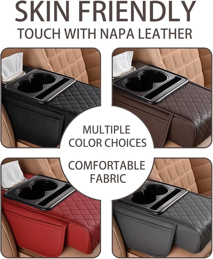HZEL Car Center Console Cover, Leather Vehicle Armrest Cushion with Storage Bags, Cup Holder ＆ Tissue Box, Waterproof Auto Interior Arm Rest Seat Box Pad, Universal Fit (Coffee)