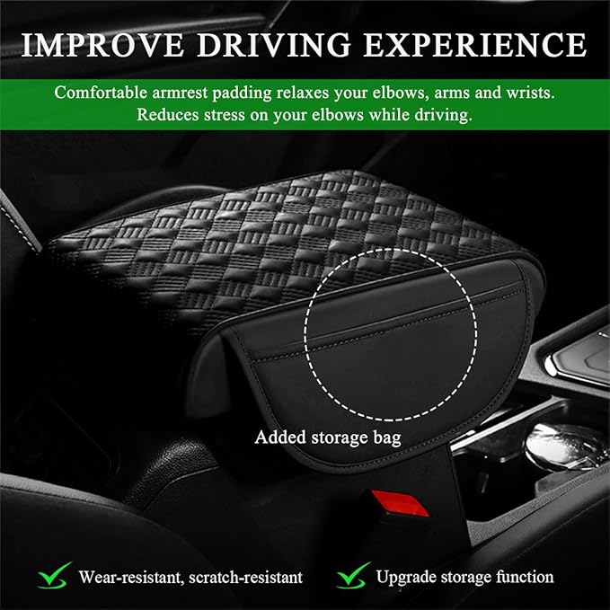Car Armrest Cushion, 12.6"×8.7" Waterproof Leather Center Console Cover with Pocket, Auto Comfortable Memory Foam Middle Console Elbow Pillow Cushion Pad, Car Accessories (Black)