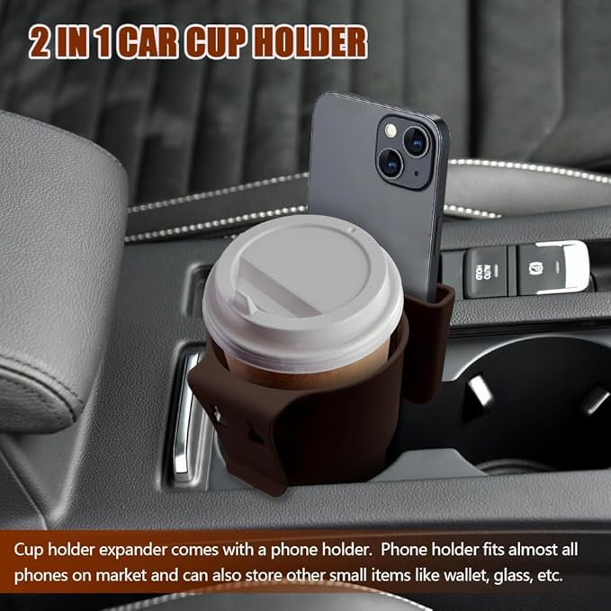 Car Cup Holder Expander, Cup Holder for Car, 2-in-1 Mobile Phone Drink Adapter, Auto Interior Accessories Multifunction Auto Seat Back and Armrest Box Storage Device for Most Vehicles (Brown)