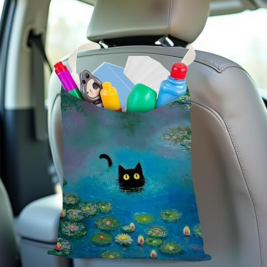 Pykfrhh Black Cat Car Trash Bag, Car Trash Bag Hanging, Waterproof Cars Back Seat Hanging Organizer and Storage Trash Bags for Vehicle Travelling Camping Lotus Decor