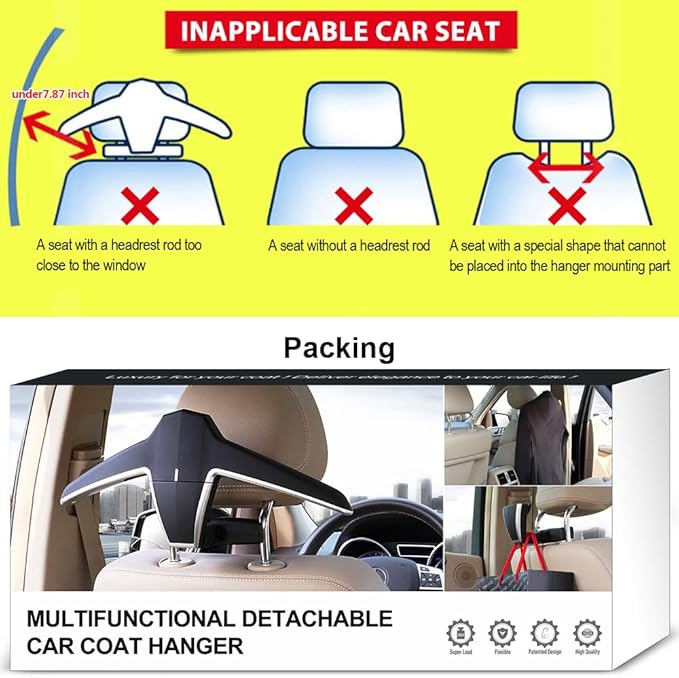 Car Back Seat Headrest Hanger 2 Car Hooks for Coat, Jacket, Suit, Clothes, Purse, Handbag, Grocery Bags - Multi-Purpose Storage Holder for Automobile - Black