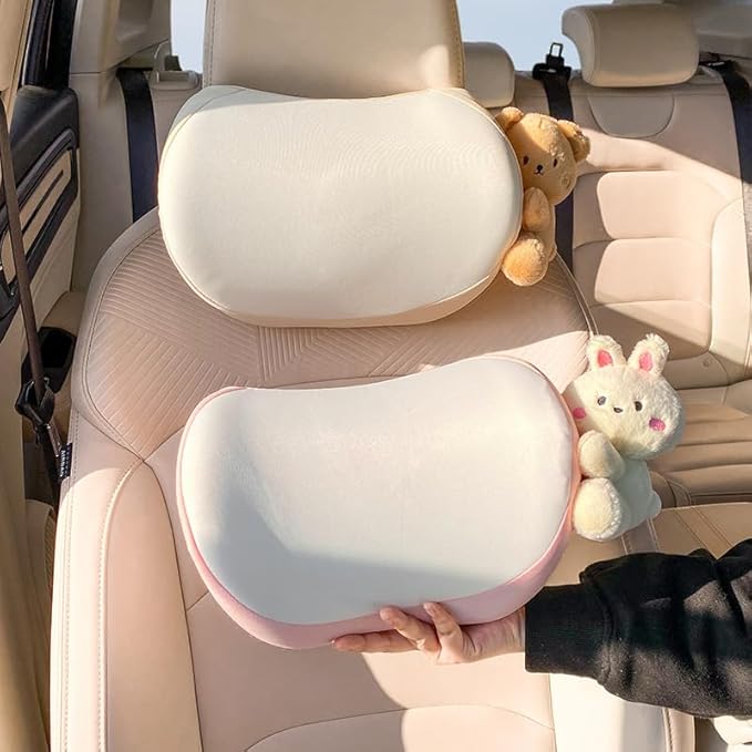 Cute Car Headrest Pillow 2PCS Bear Bunny Car Seat Neck Pillow Memory Foam Neck Support Cushions for Comfortable Driving Easy Install & Washable (Pink+Brown)