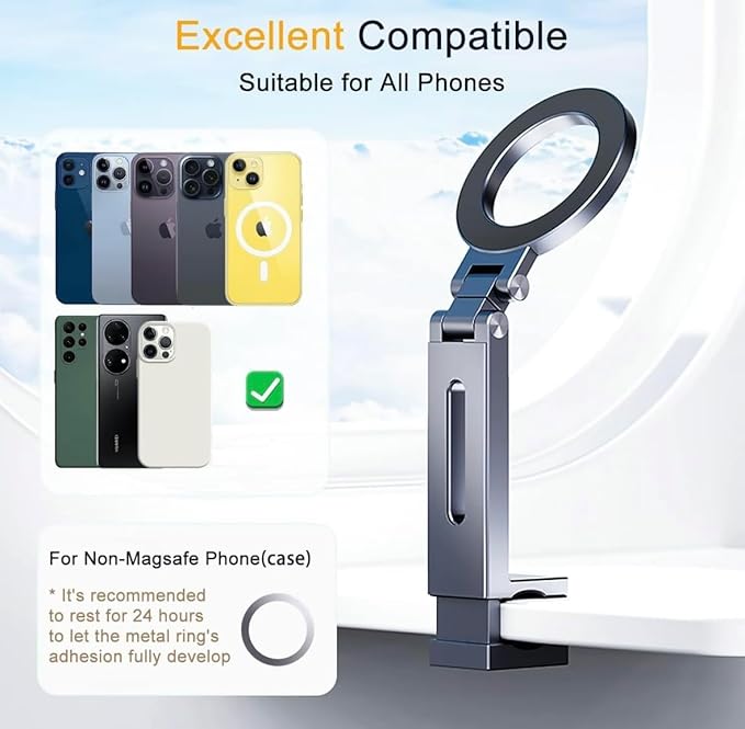 DT-MagClip Magnetic Clip-On Phone Holder for iPhone & Android (MagSafe) | 360° Adjustable Stand for Travel Desk Shopping Carts | Universal 1/4” Tripod Mount | Hands-Free & Creators Friendly (Silver)