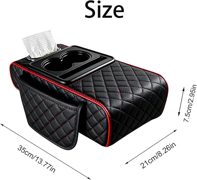 AHFBF Multifunctional Pu Leather Car Armrest Box Mat, Armrest Box Pad for Car, Leather Car Armrest Box Pad with Cup Holders, Car Armrest Box Mat, 5-in-1 Car Center Console Cover (Black-Red)