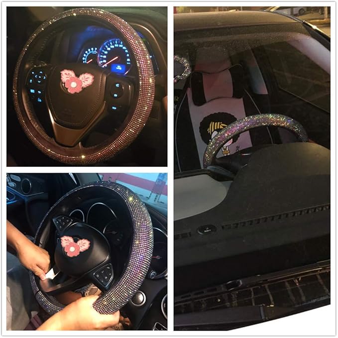 Car Bling Steering Wheel Cover for Women Girls 15 Inch Universal Colorful Crystal Rhinestone Diamond Rainbow Bling Accessories Anti Slip Wheel Protector Sparkling, Black