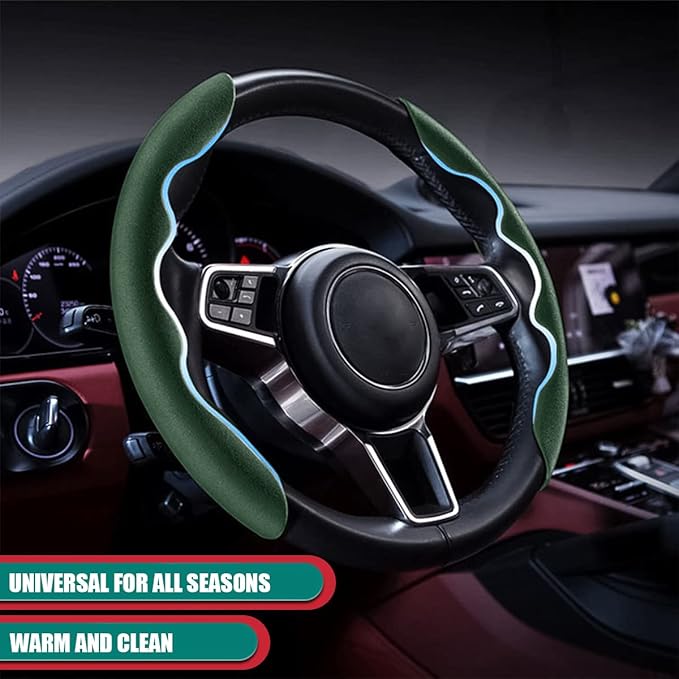 Car Steering Wheel Cover, Microfiber Suede Leather and Carbon Fiber Double Sided Design, Warm in Winter and Cool in Summer, Breathable Non Slip Segmented Protector for Most Cars (Turn Fur/Green)