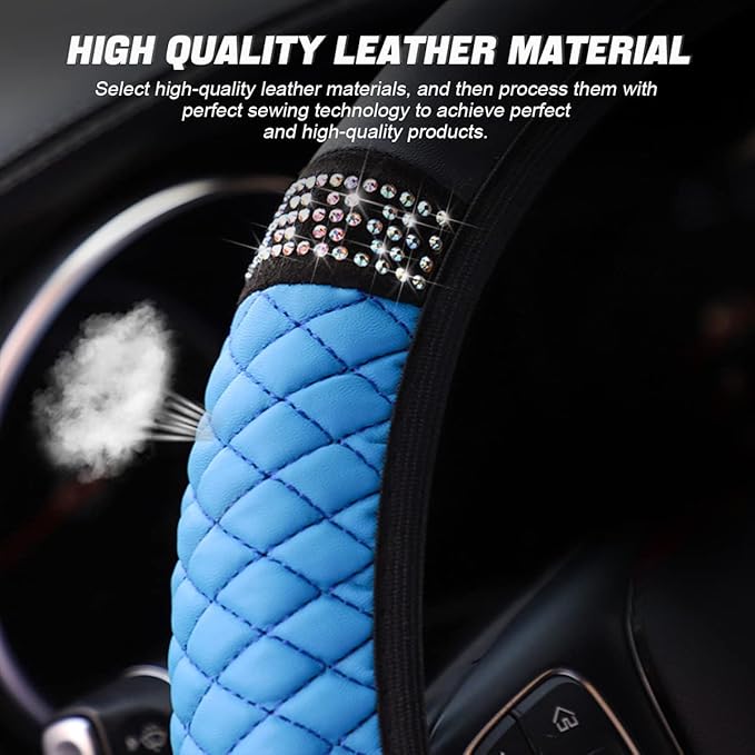 Bling Soft Leather Steering Wheel Cover, 15 Inch Colorful Rhinestones Auto Elastic Steering Wheel Protector, Sparkly Crystal Diamond for Women Girls, Car Accessories for Most Cars (Blue)