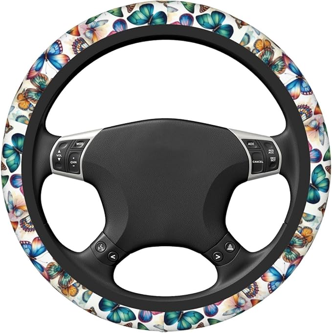 Colorful Butterfly Neoprene Steering Wheel Cover for Men Women Anti-Slip Elastic Steering Wheel Protective Cover 15in Universal Car Accessories Fit Cars, SUVs, Auto