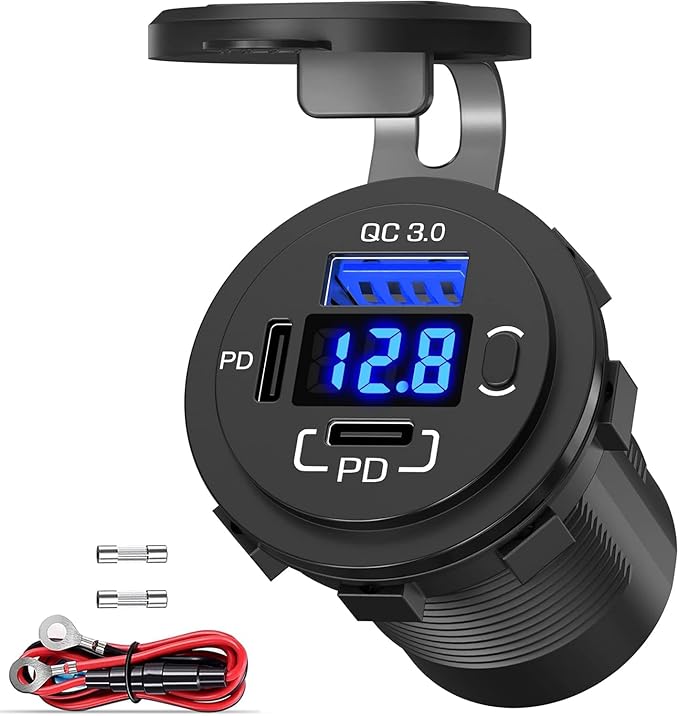 USB C Car Charger Socket, 12V USB Outlet with Voltmeter, Dual PD 30W and 18W QC3.0 Multi Port Car Cigarette Lighter Replacement Fast Charger for Boat Marine RV Vehicle