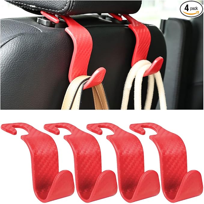 Hanemia 4PCS Car Seat Headrest Hooks, Auto Back Seat Hanger Holder, Durable Stylish Vehicle Organizer Universal Car Interior Accessories, Storage Hooks for Purses, Bags, Clothes (Carbon Fiber/Red)