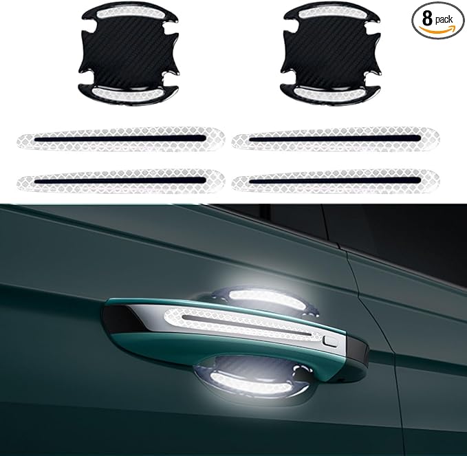 8PCS Reflective Car Door Handle Protector Sticker, Carbon Fiber Auto Door Handle Cup Paint Guard Protective Film, Anti-Scratches Car Door Handle Bowl Sticker, Self-Adhesive & Non-Marking (White)