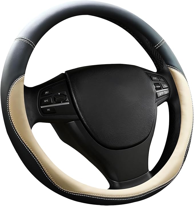 Beige Car Steering Wheel Cover, Nappa Leather, Bottom Color Blocking, Universal 14.5-15 Inch Leather Anti-Slip Breathable Auto Steering Wheel Covers for Men Women