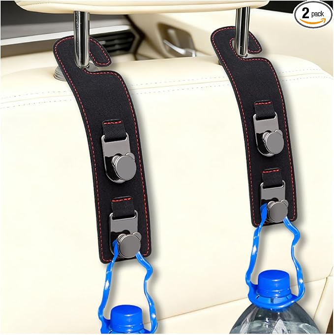 HZEL 2PCS Car Seat Headrest Hooks, Dual Hook Suede Vehicle Backseat Storage Holder for Purse Handbag Coat, Multifunctional Auto Seat Back Grocery Hanger Organizer, Universal for Vehicles (Black)