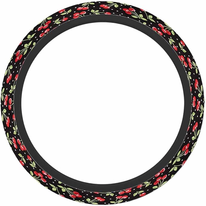 Cherry Steering Wheel Cover Red Cherry on Black Background Steering Wheel Cover for Women Men Anti-Slip Breathable Steering Wheel Protector Car Accessories
