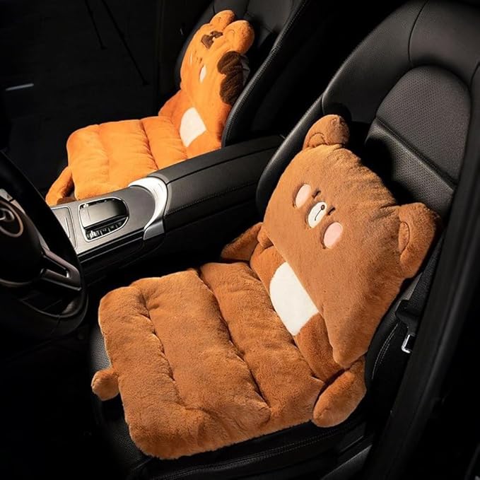 Cute Car Seat Cushion, Cartoon Plush Car Pillow for Driving Seat, Lumbar Support Pillow for Car with Anti-Slip Design, All-Season Car Headrest and Back Pillow for Cars, Chair, Wheelchair (Bear)