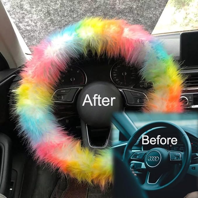 15inches Universal Leather Car Steering Wheel Cover Car Accessories Colorful Fuzzy Steering Covers Gear Shift Cover Handbrake Cover (Colourful)