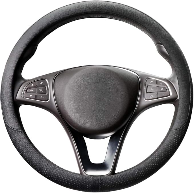 COFIT Breathable Car Steering Wheel Cover 15 inch Auto Universal Leather Wrap Non-Slip Steeringwheel Protector Automotive Interior Accessories, Black (Suit for 14 1/2-15 inch)