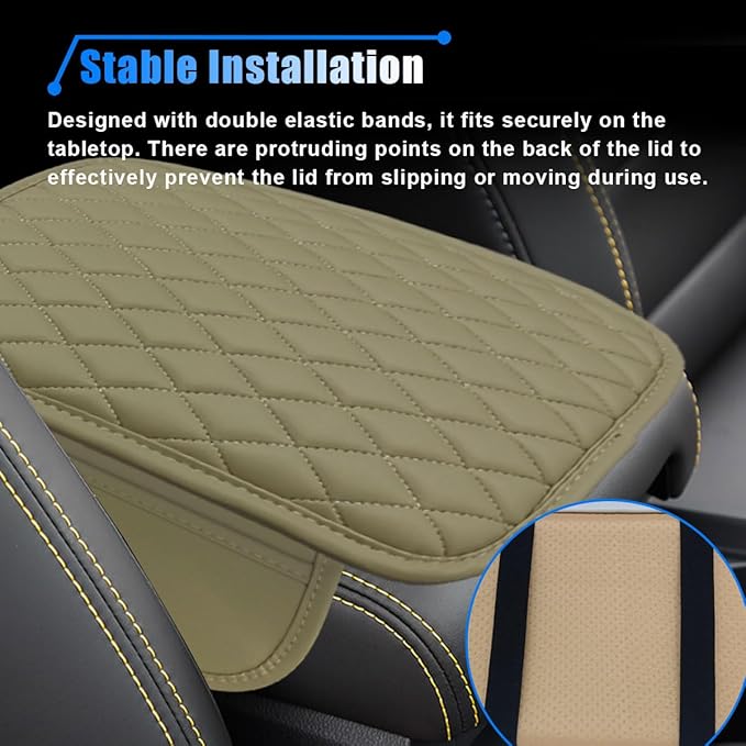 Car Center Console Cover, Car Armrest Cover Cushion, Leather Support Pad with 2 Storage Bags, Universal Interior Decorative Accessory for Most Vehicles, SUVs, Trucks, RVs (Beige)