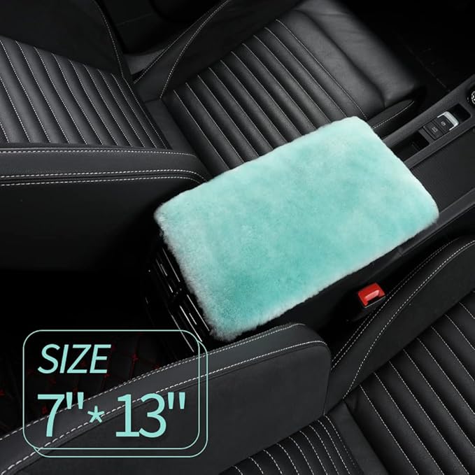 IRIWOOL Sheepskin Armrest Cover Auto Center Armrest Cover Car Soft Console Pad, Fluffy Wool Auto Center Console Cover for Most Car Arm Rest Decoration Protector 7 x 13 Inch (Shearling, Mint)