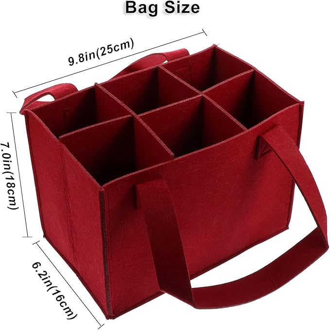 6 Bottle Wine Carrier with Divider Felt Wine Storage Tote Bag, Portable Reusable Wine Travel Bag with Handle for Christmas Travel Camping Picnic Party (Red)