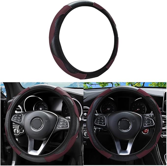 Car Steering Wheel Cover, Universal Microfiber PU Leather Elastic 15 inch Stitching Color Anti-Slip Steering Wheel Protector, Car Interior Protection Accessories for Men Women (Wine Red)