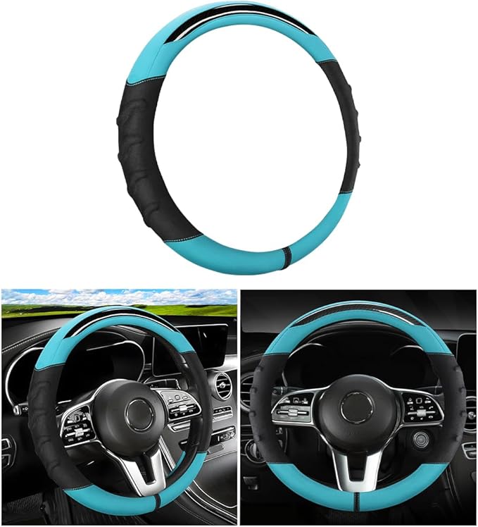 Car Steering Wheel Cover, Non-Slip Vehicle Steering Wheel Protector, Automotive Interior Accessories for Women Men, 15 Inch Universal for SUV, Truck, RV, Van and More（Black/Cyan）