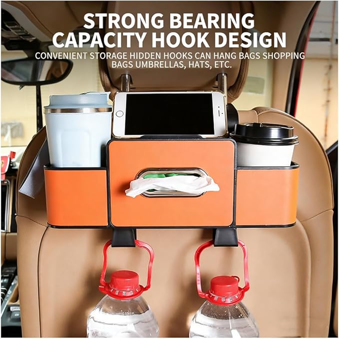 Car Organizers and Storage Box, Car Organizer Storage Box Back Seat, Multifunctional 3-in-1 Cars Organizer with Tissue, Tissue Boxs and Storages Hook, for Hold Phone, Drinks, Handbag (Beige)