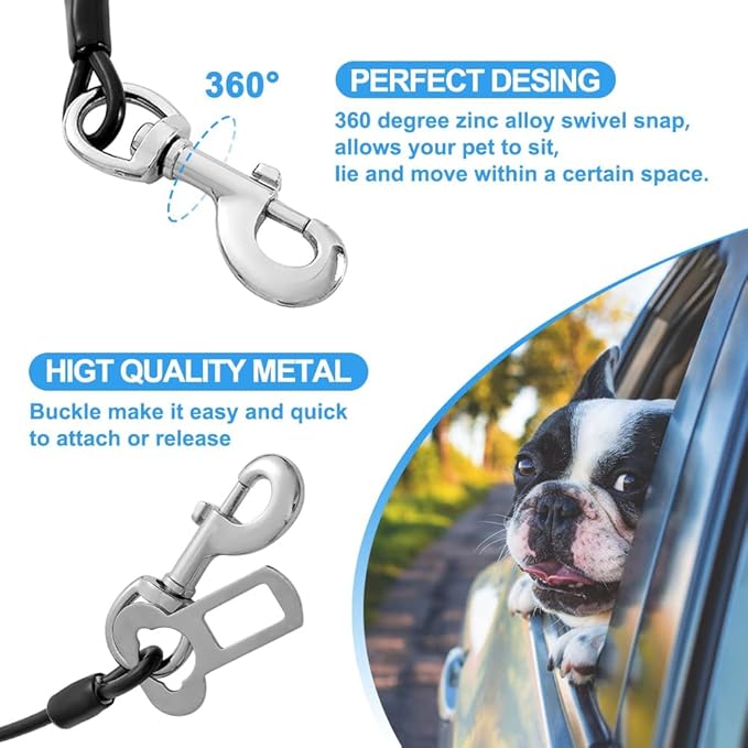 Mi Metty Dog Seat Belt Harness for Car,Dog Seatbelt of Coated Wire Leash Safety Restraint, No Chew Tether Cable Vehicle Dog Accessories, Double Clips & Latch Attachment (Black, 16 Inch/40 Cm)