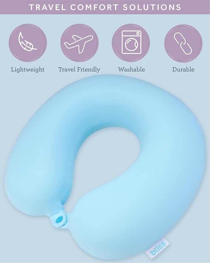 Bliss Neck Pillow - Lightweight U-Shaped Memory Foam Travel Neck Pillow with Snap Closure for Airplanes, Traveling, Offices, Cars, Size One Size, Light Aqua with Mask