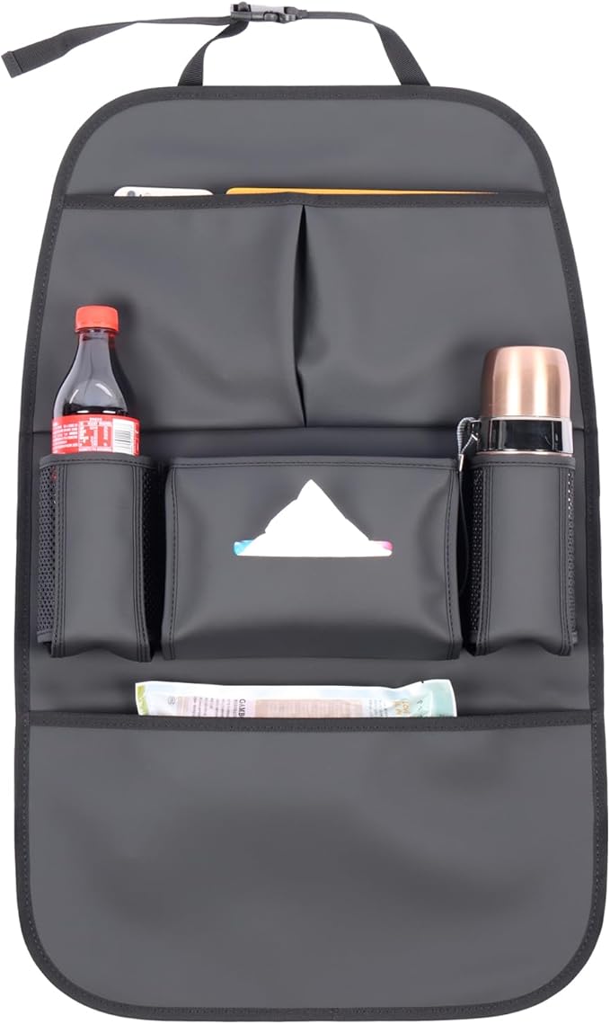 pefirst Car Backseat Organizer for Kids, Car Back Seat Storage Bag With 3 Pockets, 2 Drinks Holders, Water Resistant, Kids Toy Storage Kick Mat Back Seat Protector for Toddlers (Black 1-Pack)