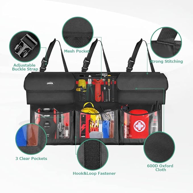 Oasser Trunk Organizer for Car, Hanging Car Organizer with 6 Large Pockets 3 Adjustable Straps 43.3x19inch