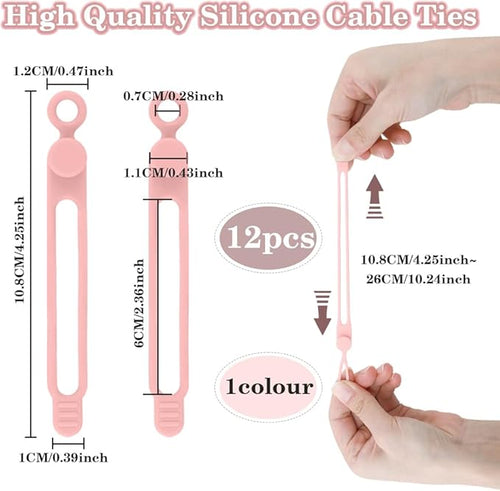 12pcs Pink Silicone Cable Ties, Multipurpose Elastic Cord Organizer for Bundling and Fastening, Office/Home/Kitchen/School/Travel Organization