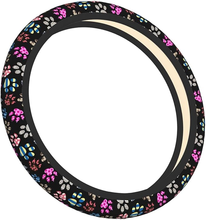 Dog Paw Print Steering Wheel Cover Anti-Slip,Sweat Absorption Universal 15 inch Steering Wheel Covers Cute car Accessories for Men Women