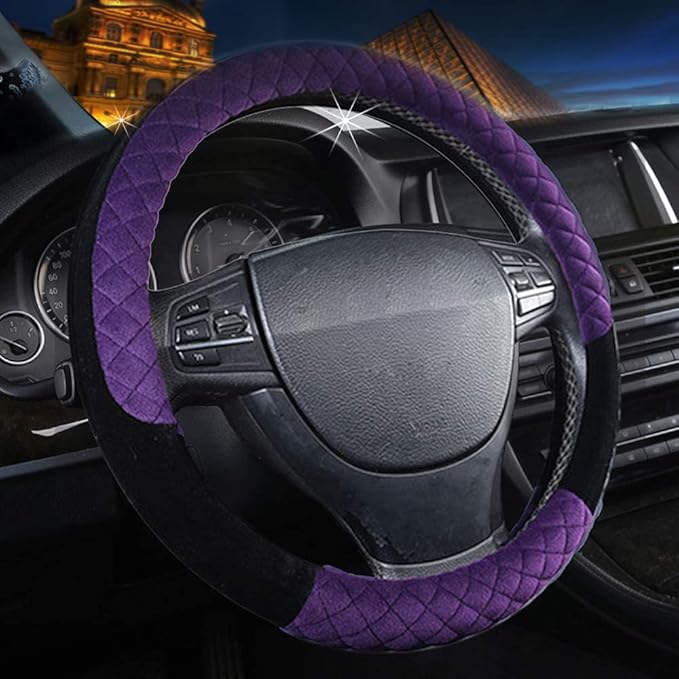 15Inch Leather Car Steering Wheel Cover Women Cute Non Slip Car Accessory Gear Shift Cover Handbrake Cover Universal Fit Most Car Protector (Purple)