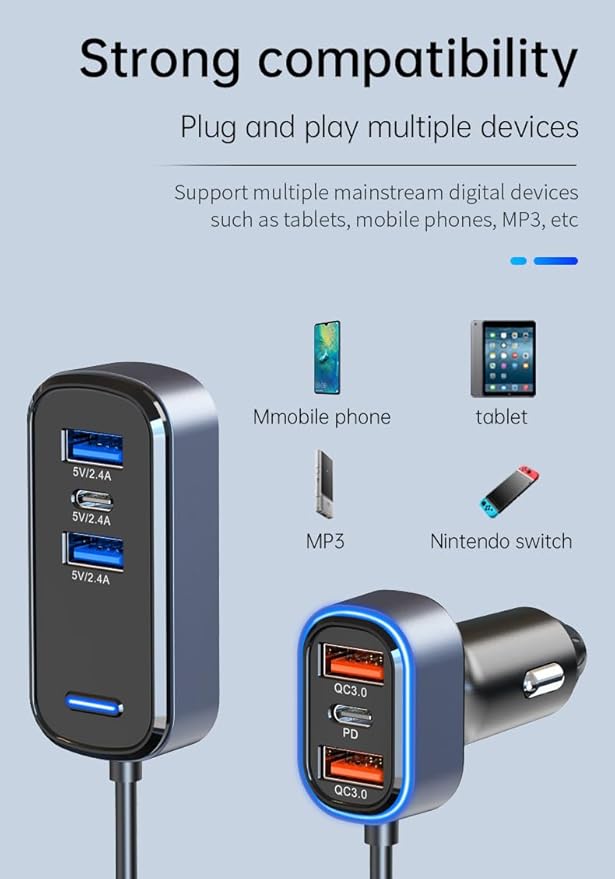 75.5W 6-Port Multiport Car Charger, PD Fast USB B C Car Charger for Multiple Devices,Cigarette Lighter Adapter Car Travel Essentials for Road Trips with 5FT Cable,Car Accessories for Smartphone