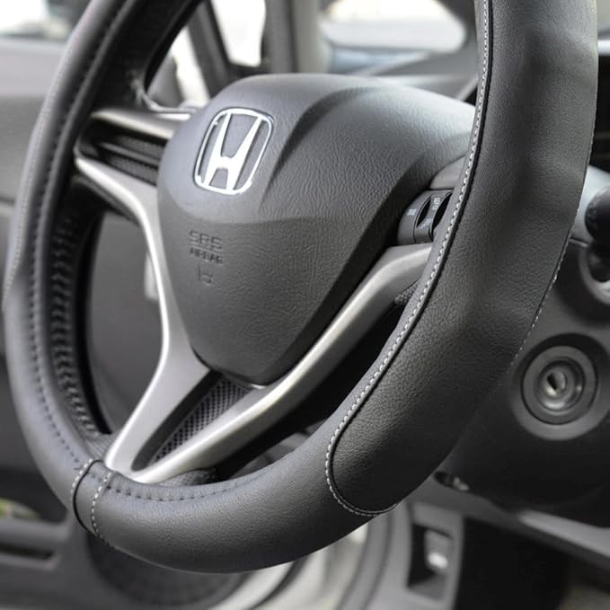 Motor Trend GripDrive Faux Black Leather Steering Wheel Cover for Car Truck Van SUV, Small 14 inch Size, Gray Accent Stitched Car Steering Wheel Cover Vehicle & Auto Accessories (Pack of 2)
