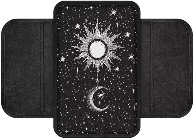 Boatee Sun Moon Armrest Cover for Auto Center Console Cover Arm Rest Mat for Car Console Organizer Armrest Storage Box Pad Universal Arm Rest Cushion Car Accessories Interior Set with Pockets Black