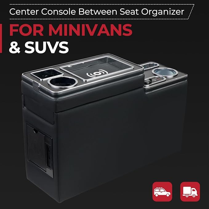 Center Console Between Seat Organizer for Minivans & SUVs - with Wireless Charging Pad, Blue LED Ambient Light, Phone Holder & Cup Holders, Middle Van Floor Console Storage Box (Black)