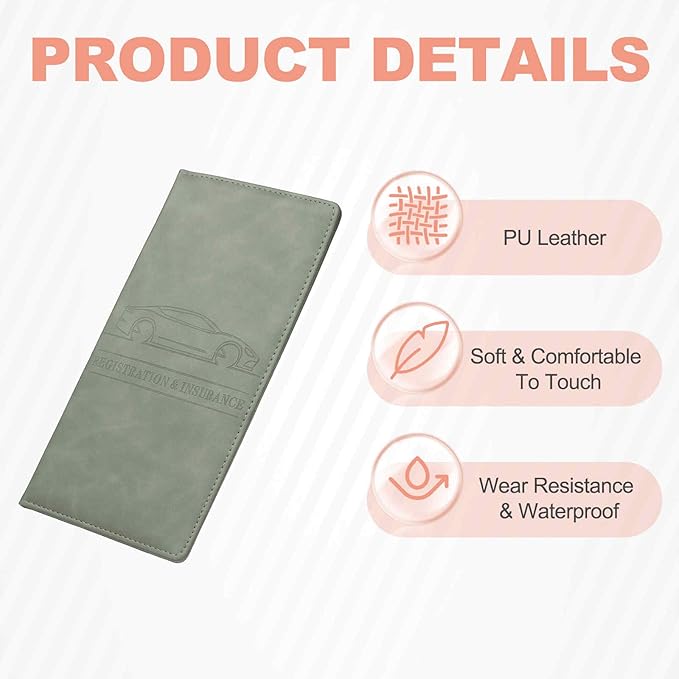 HARFINGTON Car Registration and Insurance Holder 9.65" x 4.92" PU Leather Vehicle Glove Box Organizer Storage Accessories Men Women Car ID Holder for License ID Card Bank Card, Gray
