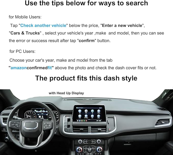 Dash Cover Mat Custom Fit for Chevy Chevrolet Tahoe Suburban/GMC Yukon/Yukon XL with Light Sensor with HUD w/o Speaker Dashboard Pad Cap Carpet Protector K319B (Black)