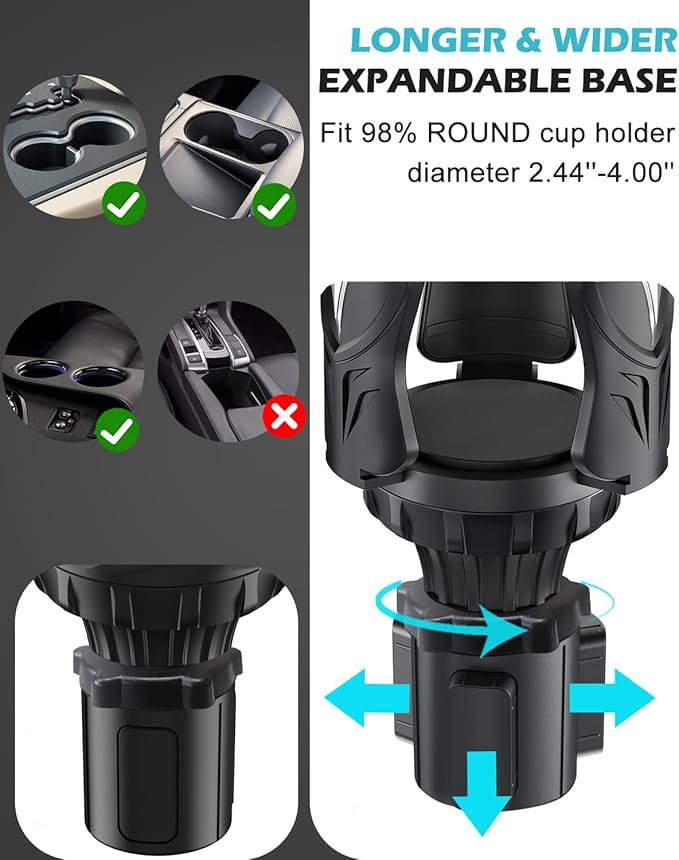 Cup Holder Expander for Car with Adjustable Adapter, Easkkty All Purpose Car Cupholder Extender Organizer with Expandable Base Universal Fit Cup Holder for Most 32 oz Large Drink Bottle&Mugs Foods
