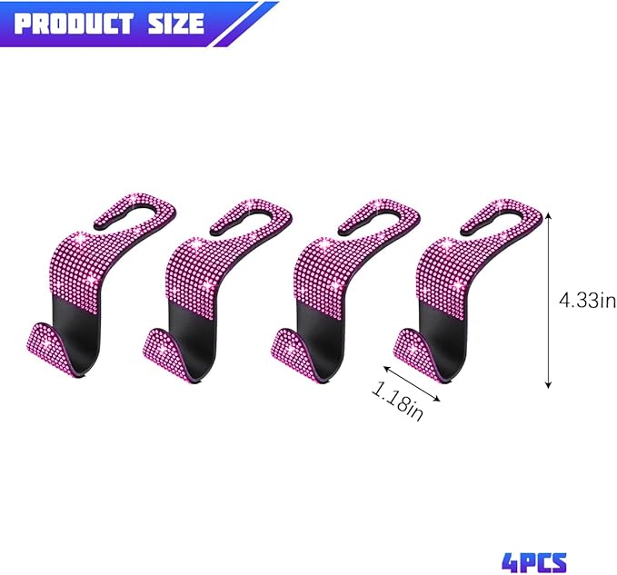 Bling Car Seat Headrest Hooks, 4PCS Crystal Rhinestone Vehicle Back Seat Hanger Holder for Handbags Purses Coats, Automotive Headrest Storage Organizer, Universal for RV SUV Truck (Pink)