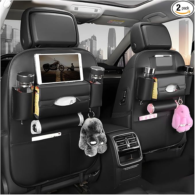 2PCS Car Seatback Organizer, Waterproof Leather Seat Back Storage with Cup Holder Tissue Holder Multiple Pockets, Back Seat Protector Kick Mats for Kids, Travel Accessories (Black)